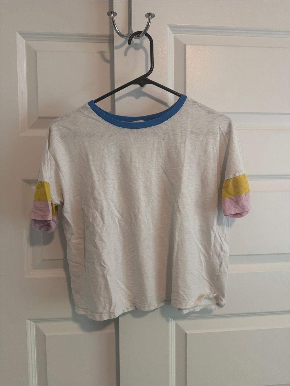 Boden Soft White Tee with Blue Neck and Colorblock Sleeves